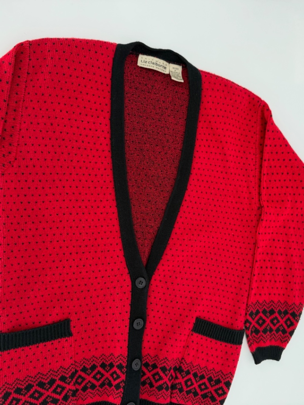 Vintage Liz Claiborne Cardigan Petite P Red Black Nordic Geometric Sweater
